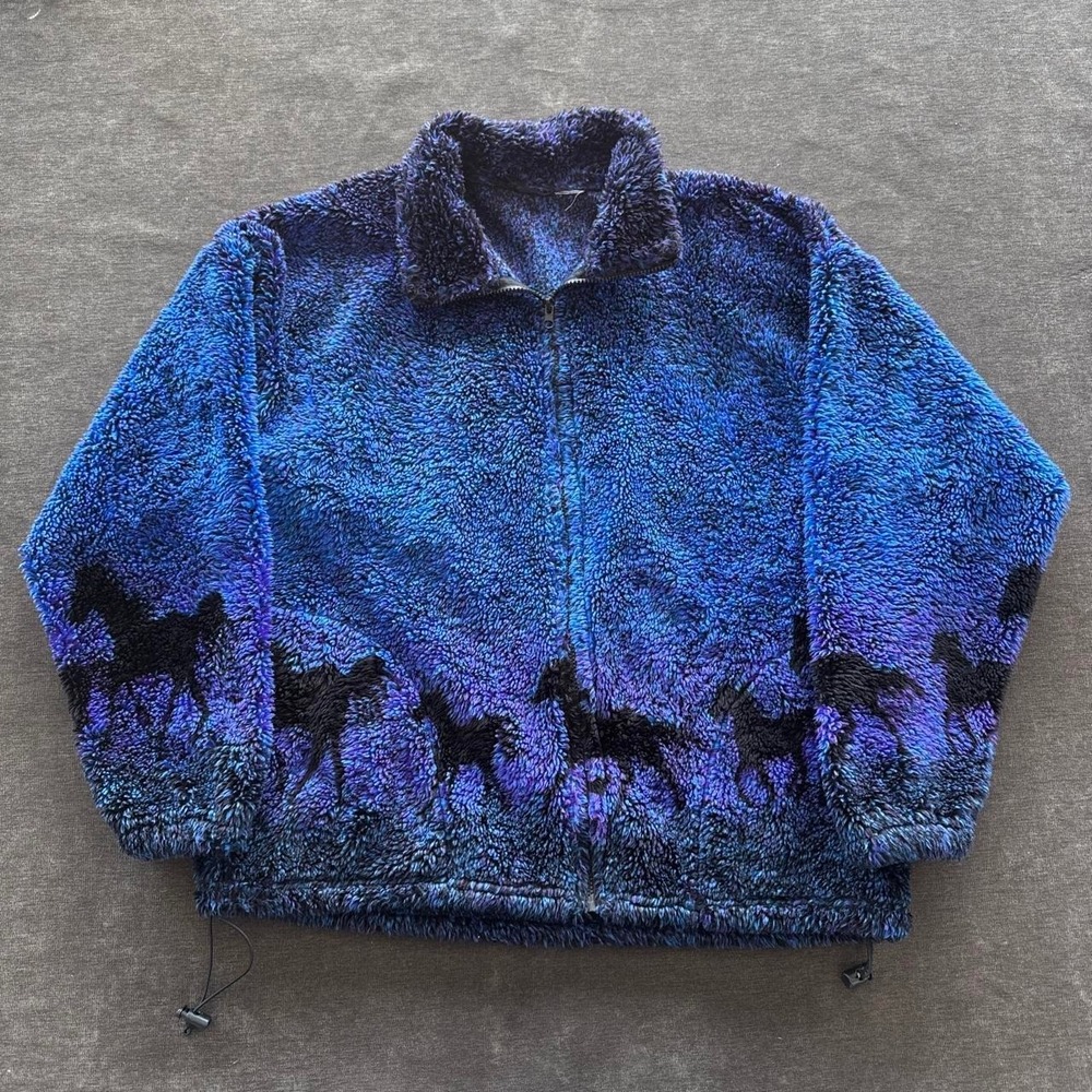 Vintage 90s Mazmania Horse Fleece Jacket Mens XL Blue Purple Equestrian USA Made